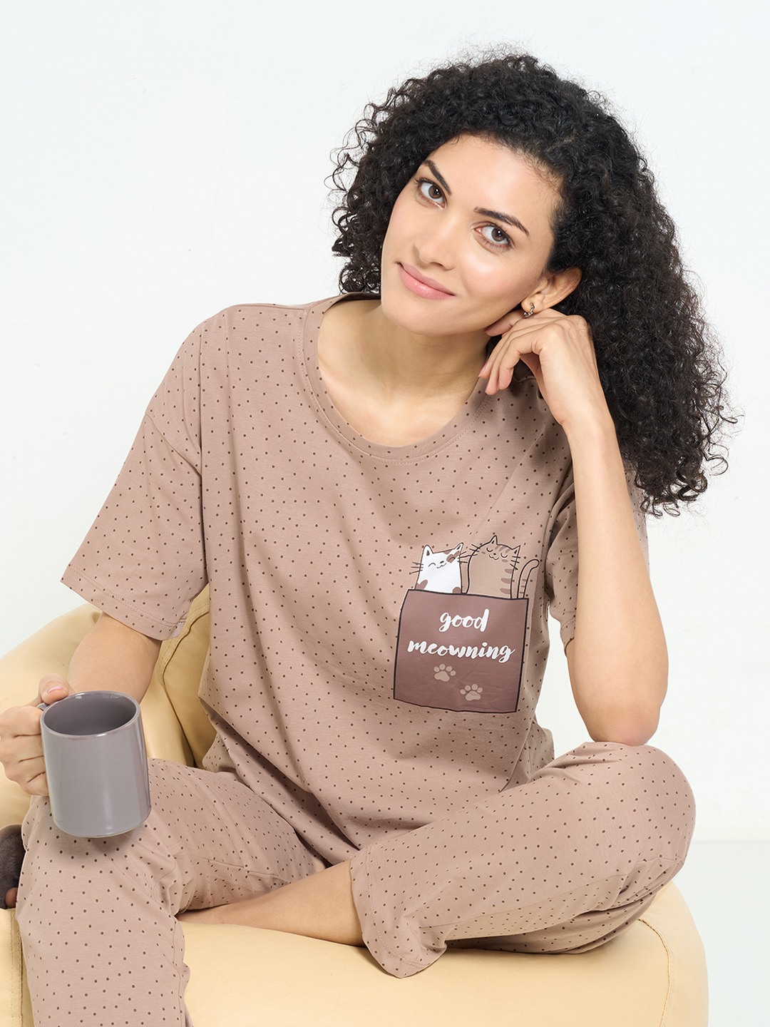 Beige Polka Dot Cat Print Lounge Top