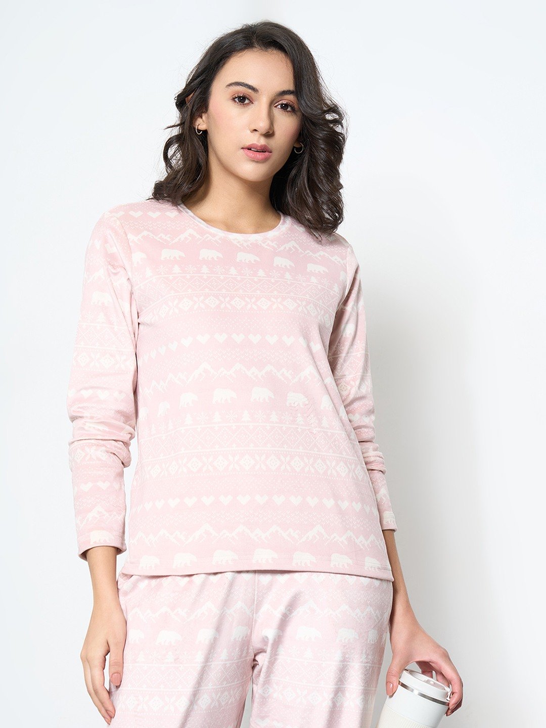 Pink Winter Motif Brushed Knit T-Shirt