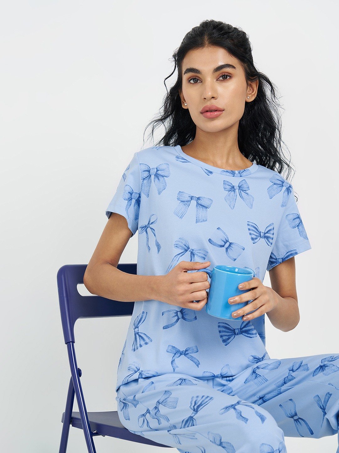 Powder Blue Bow Print Sleep T-Shirt