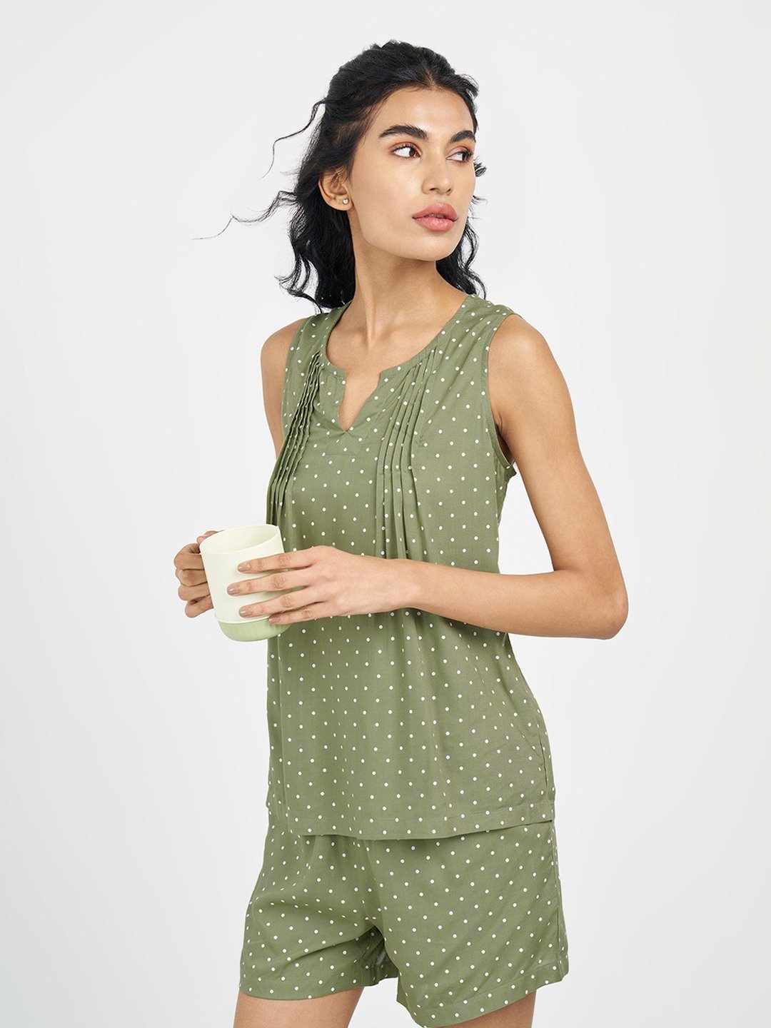 Olive Tuck Detail Polka Dot Sleeveless Top