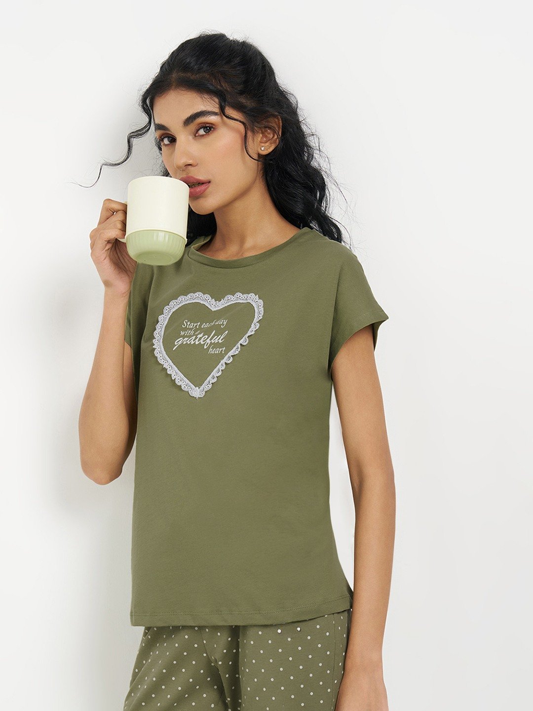 Olive Lace Heart Graphic Sleep T-Shirt