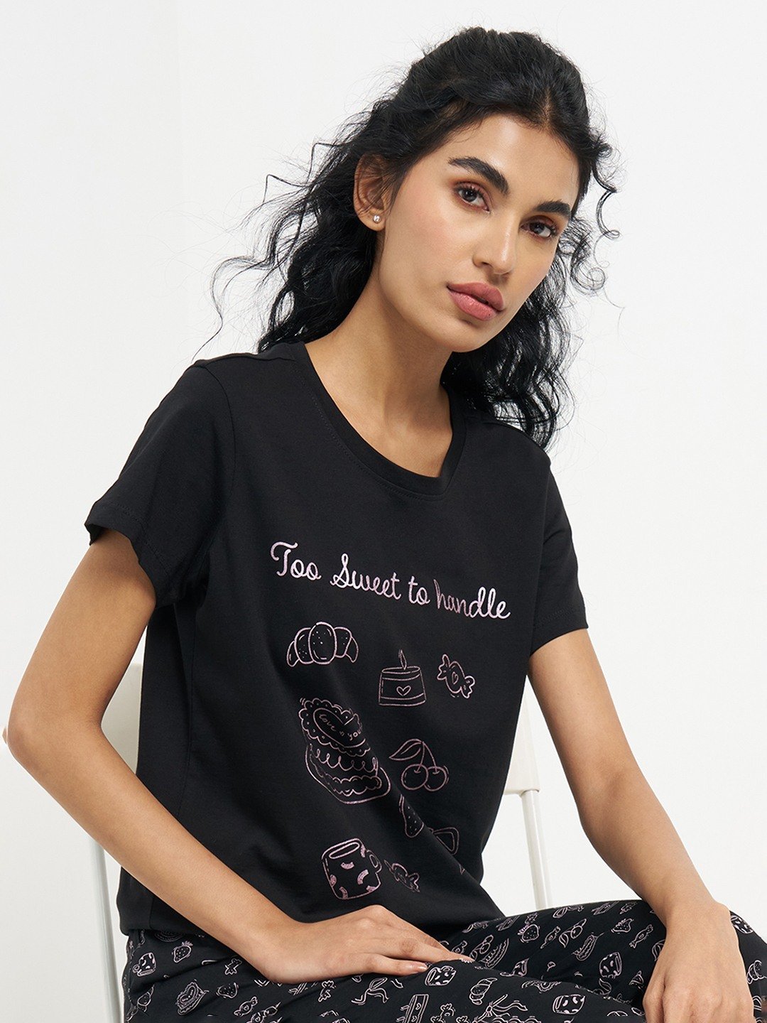 Black Dessert Doodle Print Sleep T-Shirt