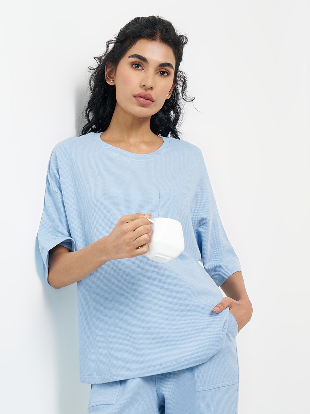 Powder Blue Textured Knit Oversized Sleep T-Shirt