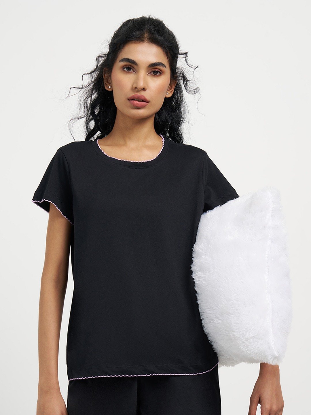 Black Scalloped Detail Sleep T-Shirt