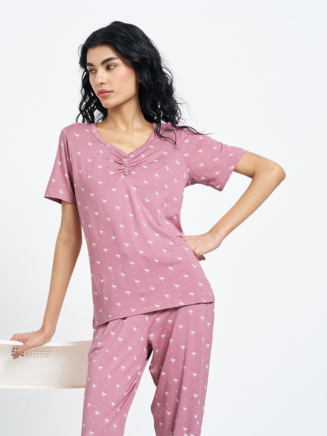 Pink Flamingo Print Comfort Fit Henley Sleep T-Shirt