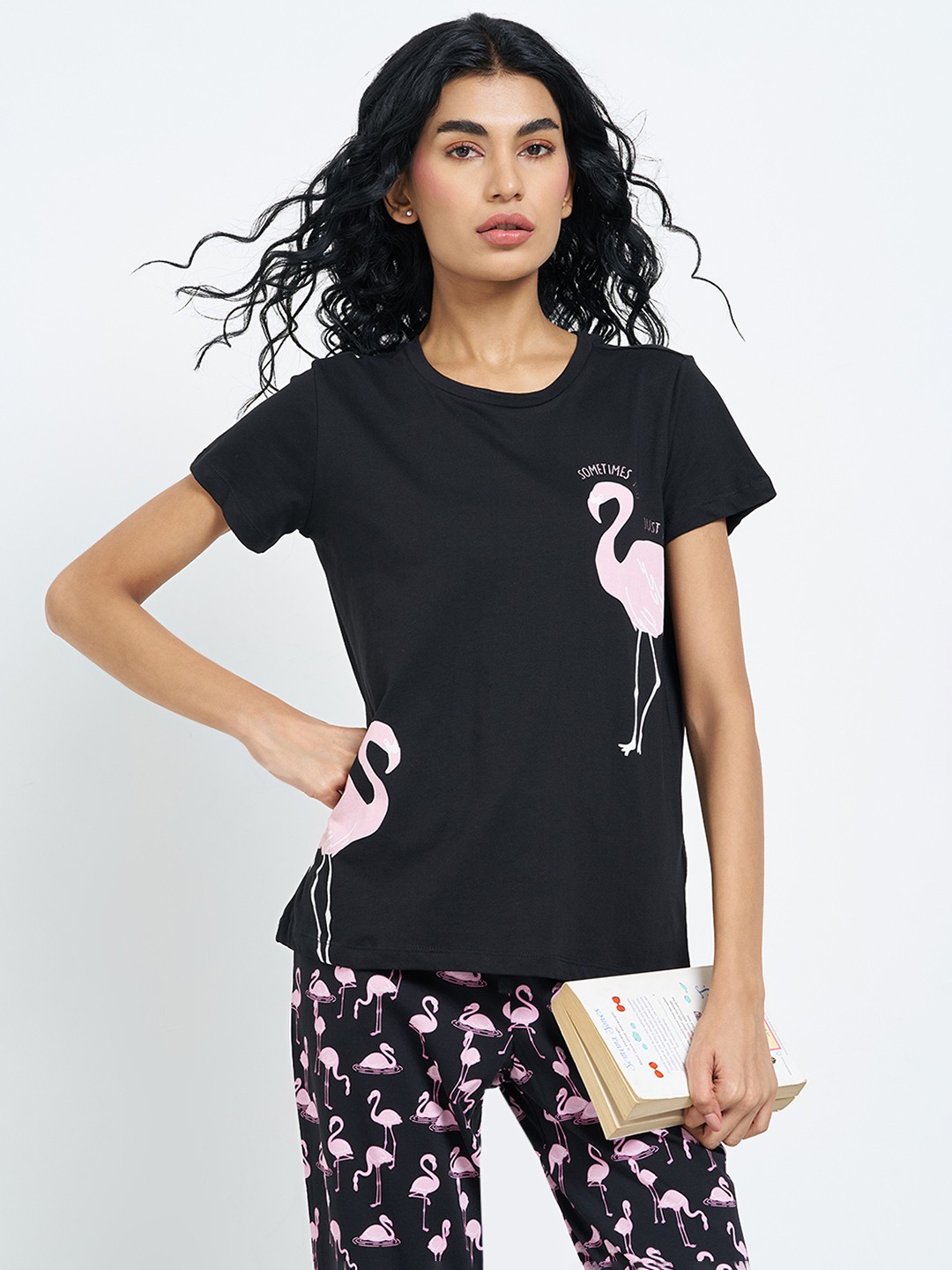 Black Flamingo Print Comfort Fit Sleep T-Shirt