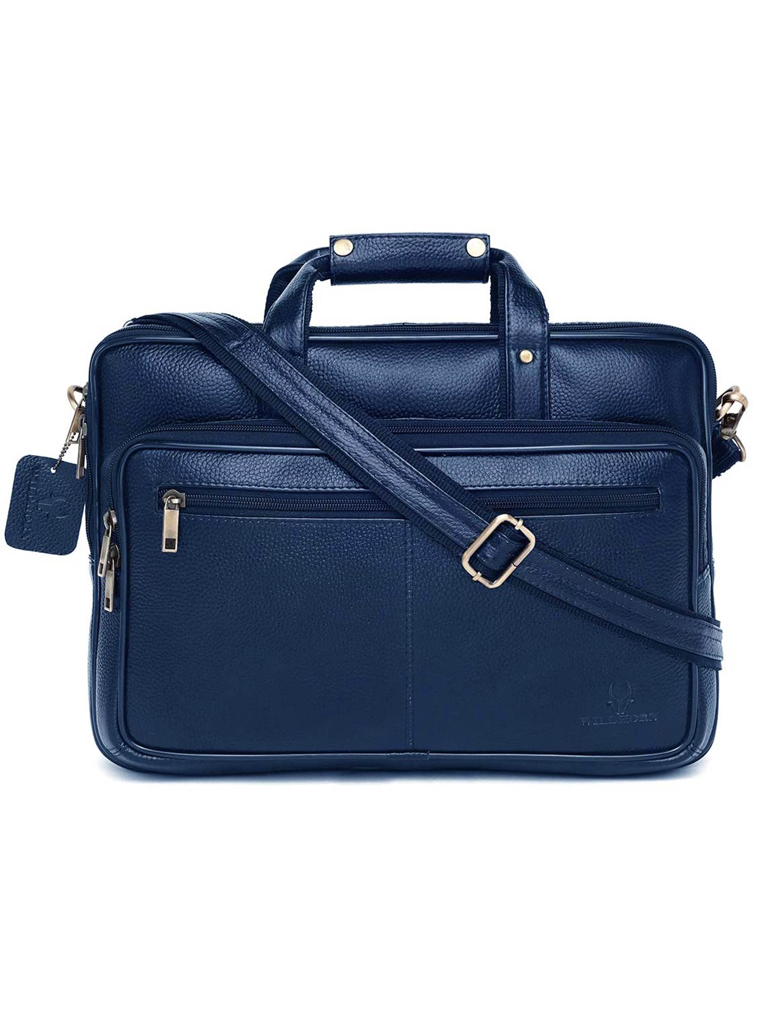 WildHorn 100 Genuine Classic Leather Blue Laptop Bag for Men