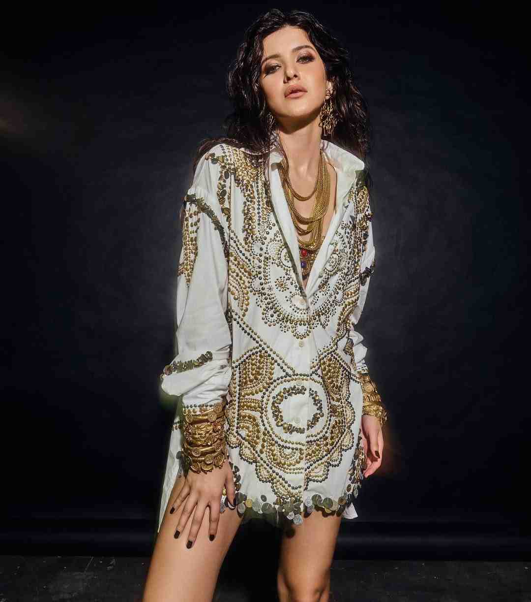 Luxurious White and Gold Embellished Shirt Dress