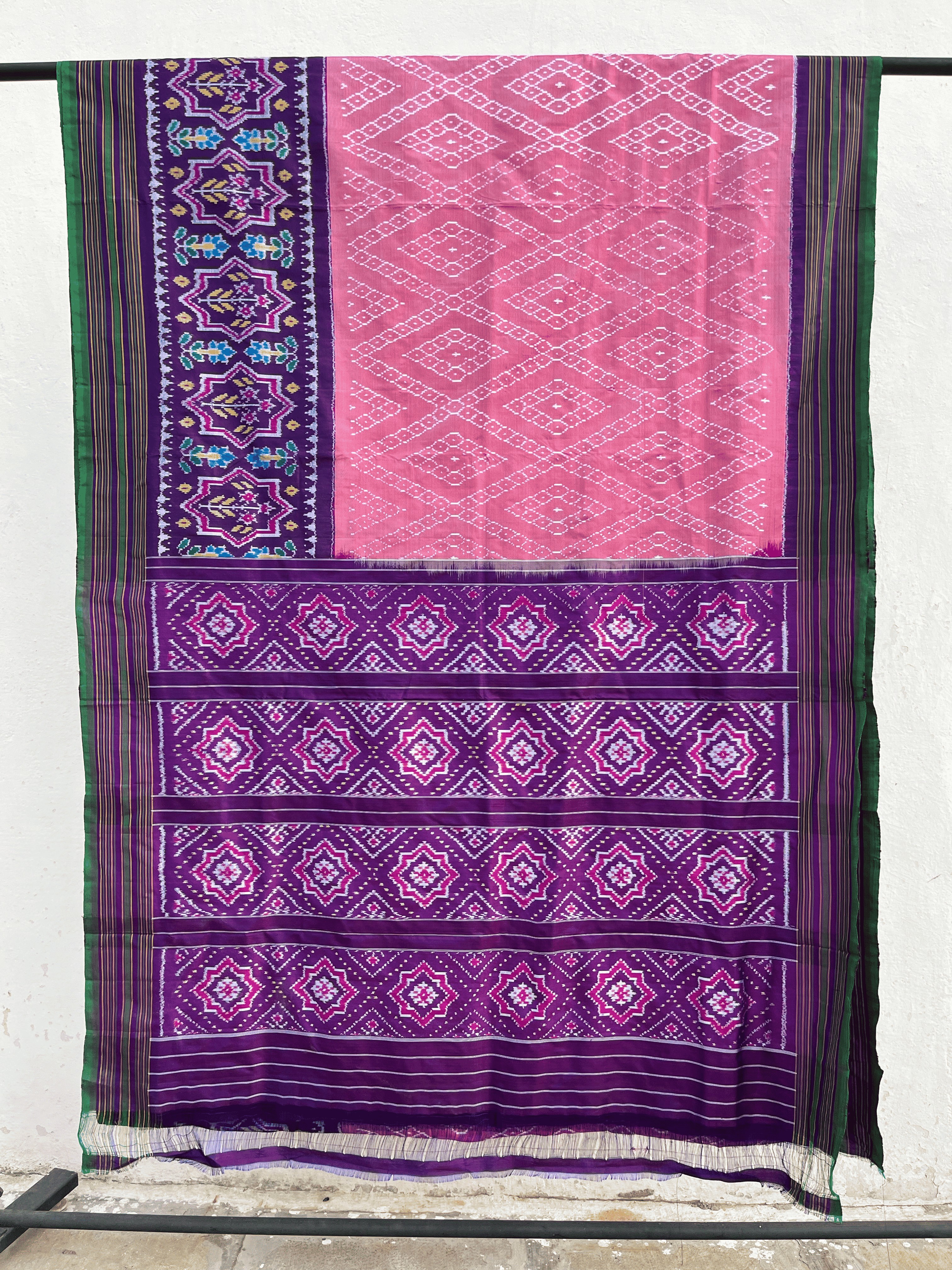 Silk Peach Ikatwith Multi Lines Border Saree