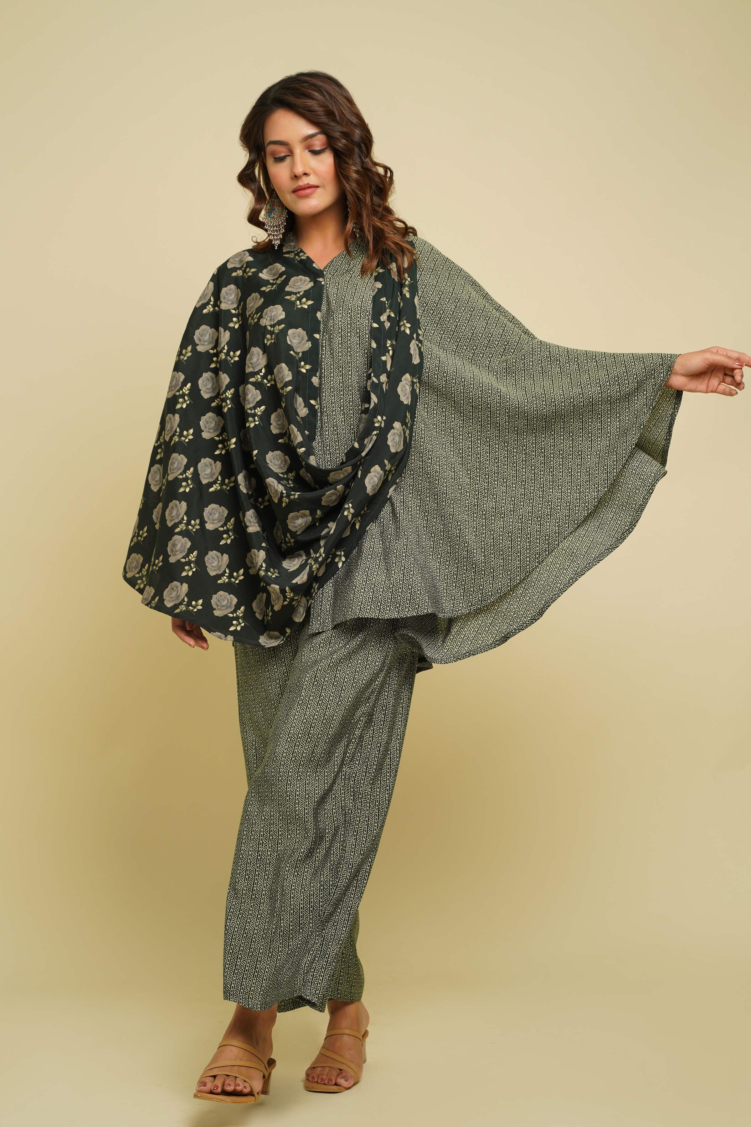 GREEN PRINTED COWL NECK CO-ORD SET
