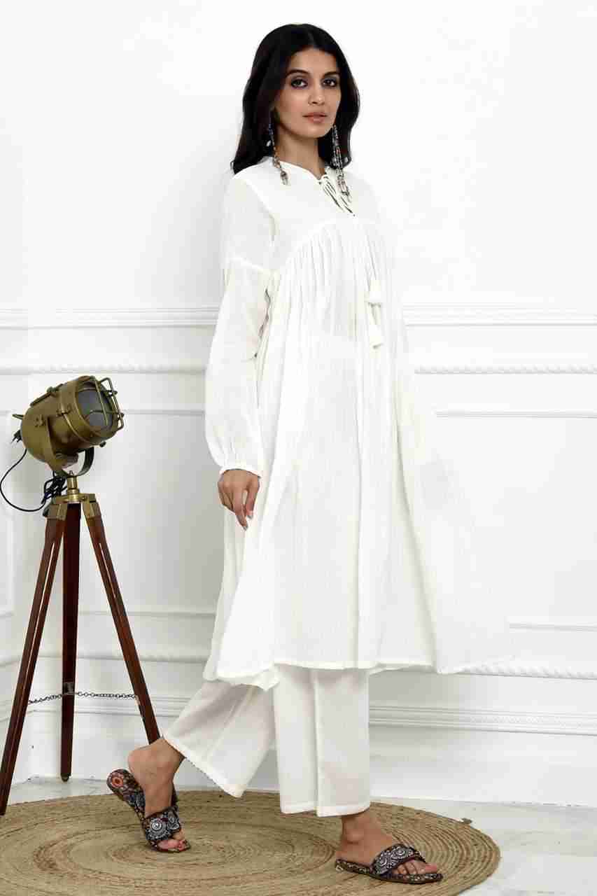 Naksh Plain White Pure Cotton Kota Long Gathered Kurta And Pants (Set of 2)