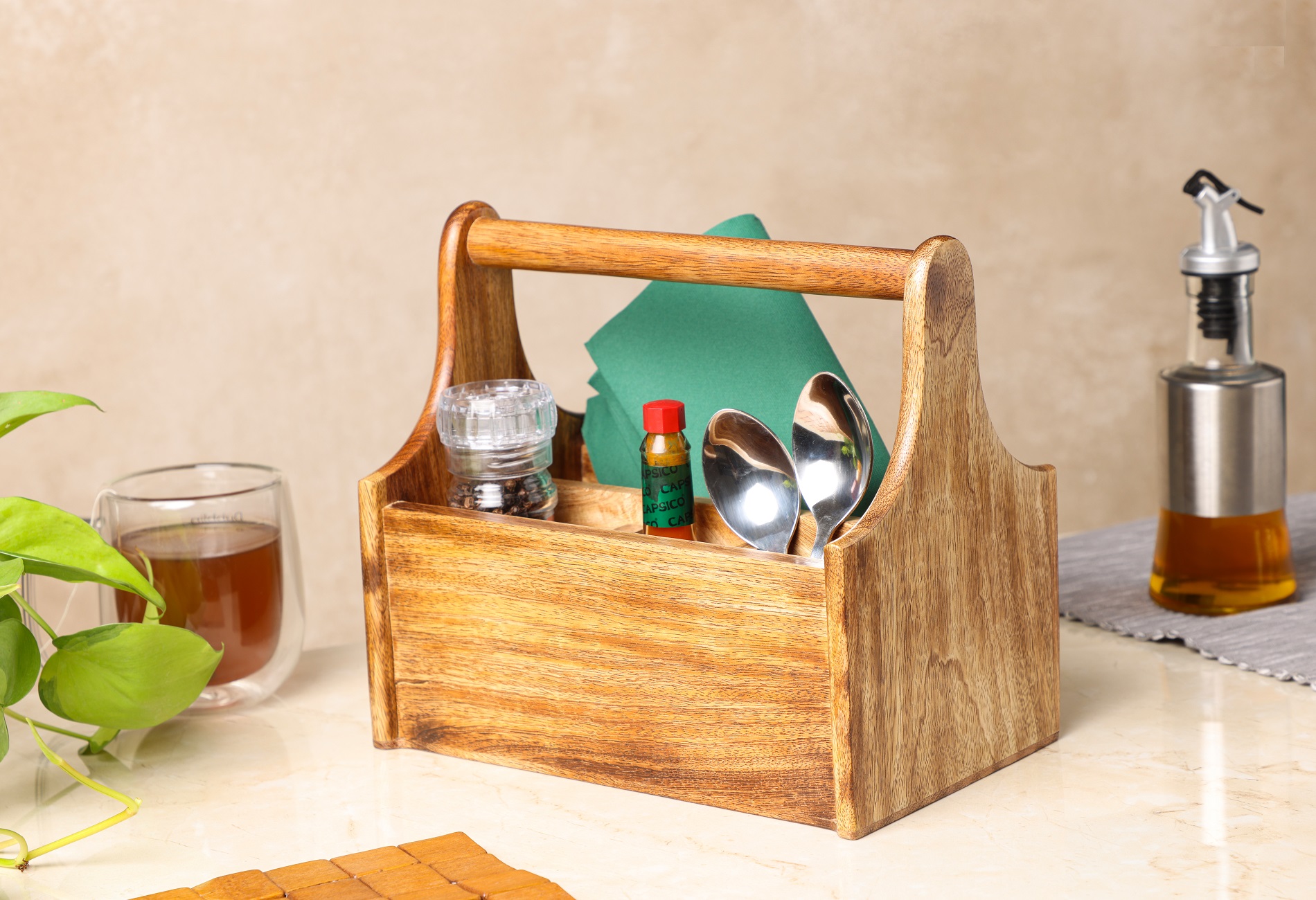 Dudki Mango Wood Wooden Kitchen Caddy with Non Moving Handle (Brown)