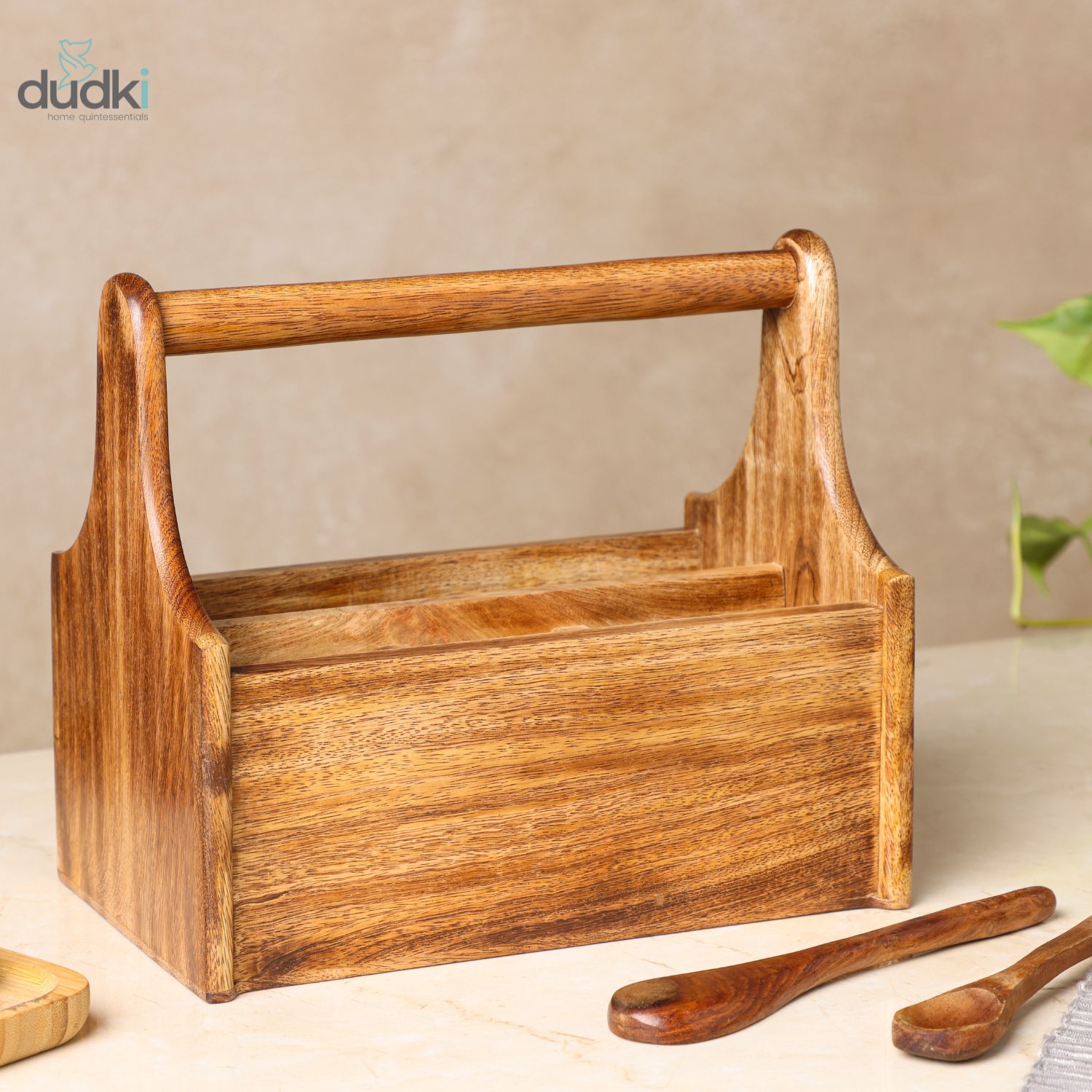 Dudki Mango Wood Wooden Kitchen Caddy with Non Moving Handle (Brown)