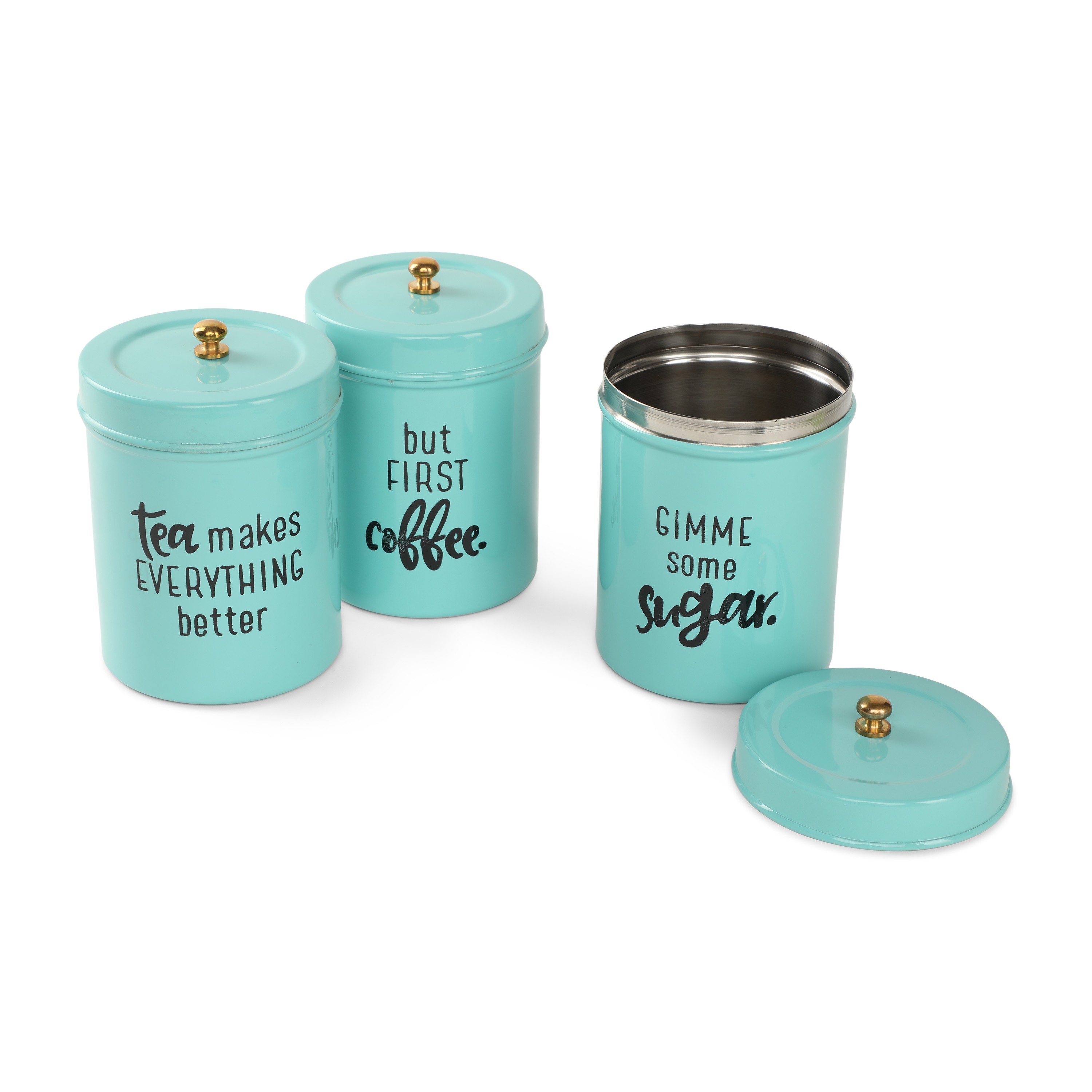 Dudki Stainless Steel Powder Coated Round Canister set of 3 for Tea, Coffee, Sugar (Gimmi) Aqua