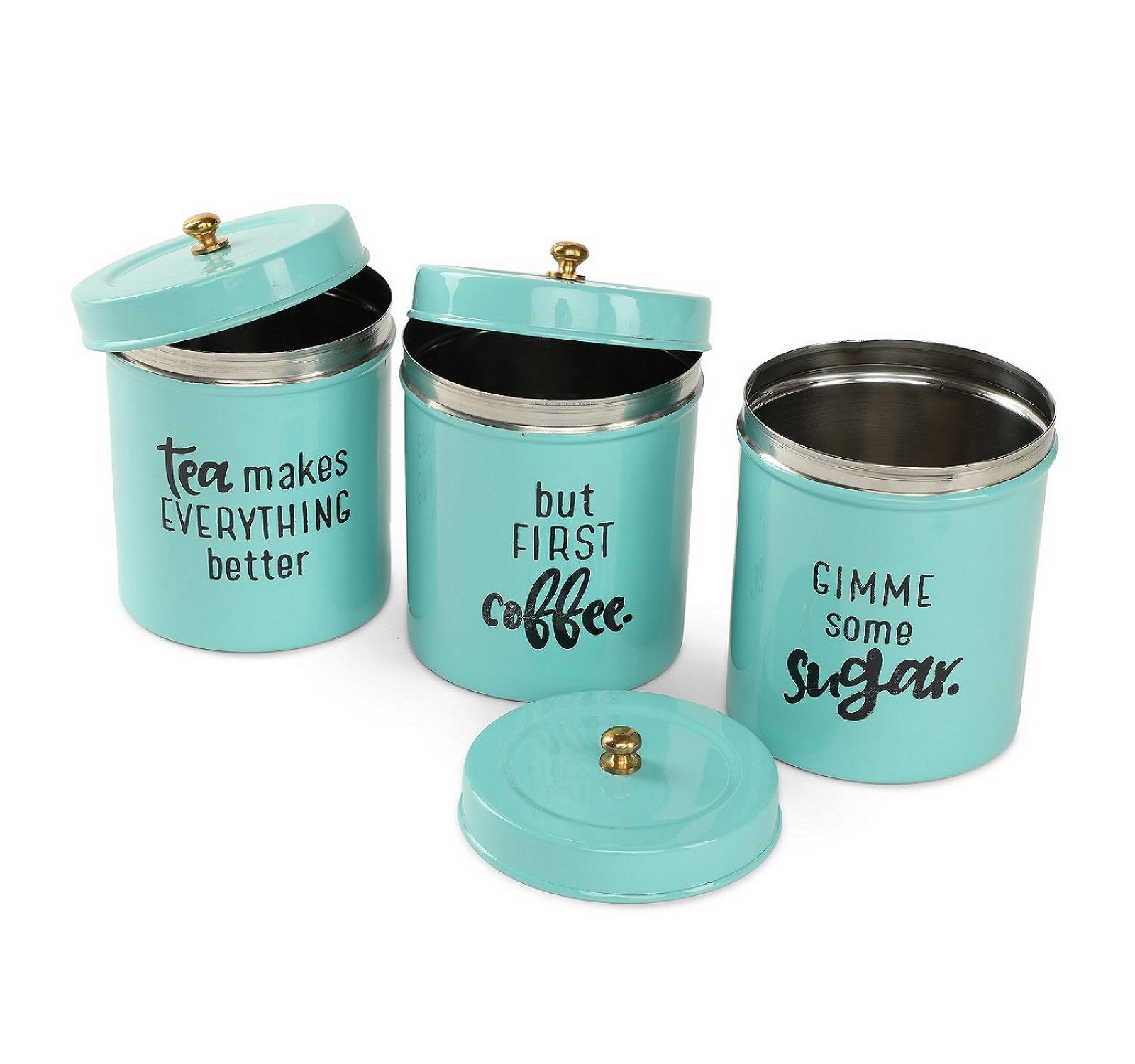 Dudki Stainless Steel Powder Coated Round Canister set of 3 for Tea, Coffee, Sugar (Gimmi) Aqua