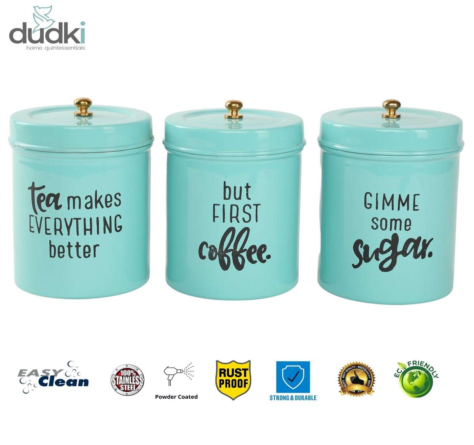 Dudki Stainless Steel Powder Coated Round Canister set of 3 for Tea, Coffee, Sugar (Gimmi) Aqua