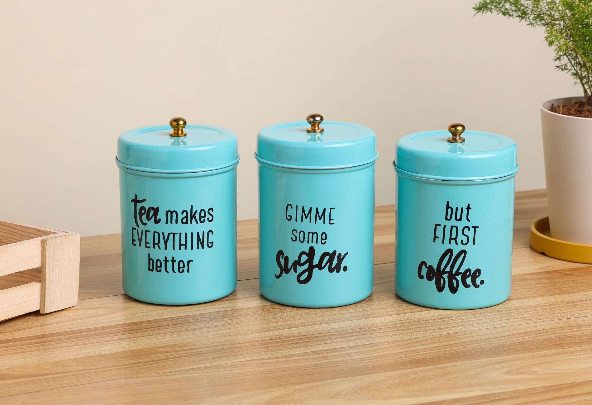 Dudki Stainless Steel Powder Coated Round Canister set of 3 for Tea, Coffee, Sugar (Gimmi) Aqua