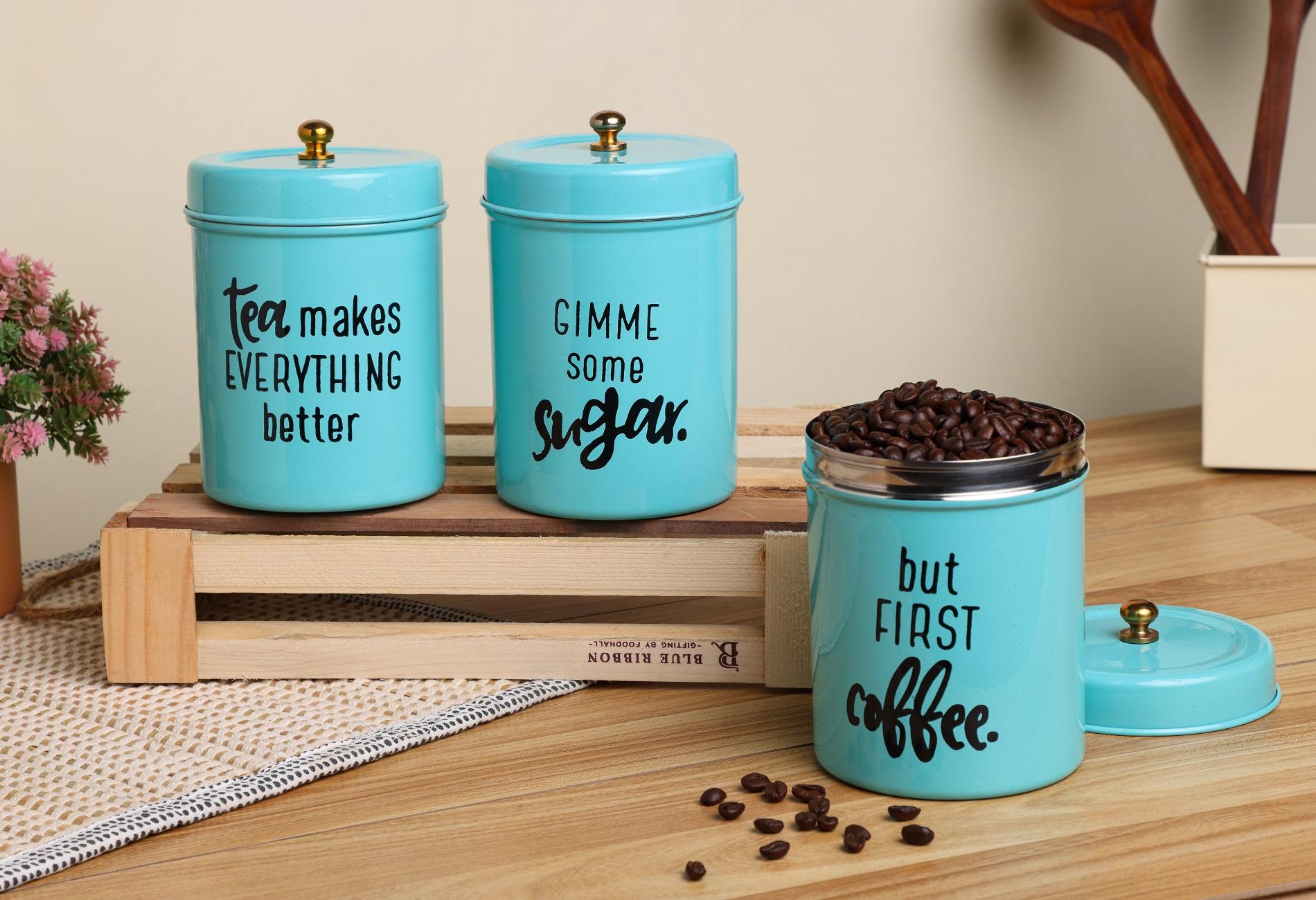Dudki Stainless Steel Powder Coated Round Canister set of 3 for Tea, Coffee, Sugar (Gimmi) Aqua