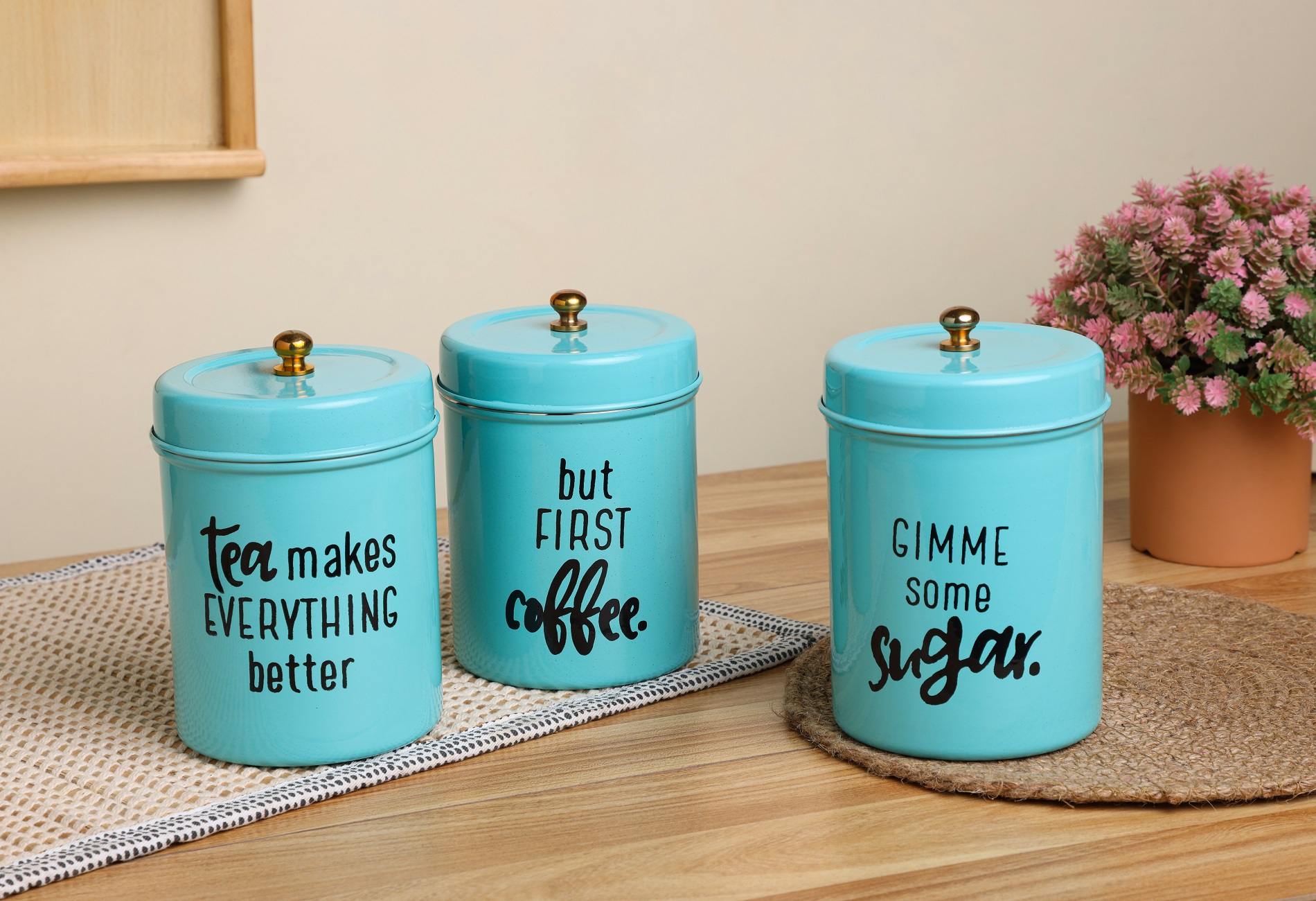 Dudki Stainless Steel Powder Coated Round Canister set of 3 for Tea, Coffee, Sugar (Gimmi) Aqua
