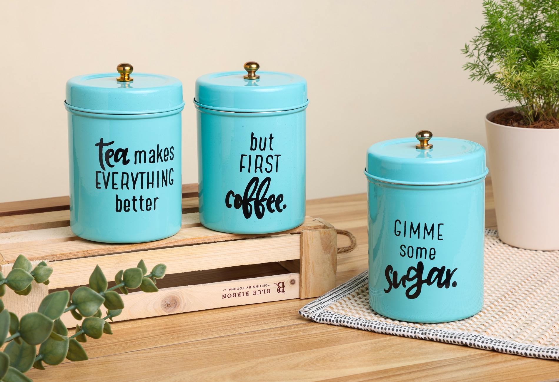 Dudki Stainless Steel Powder Coated Round Canister set of 3 for Tea, Coffee, Sugar (Gimmi) Aqua