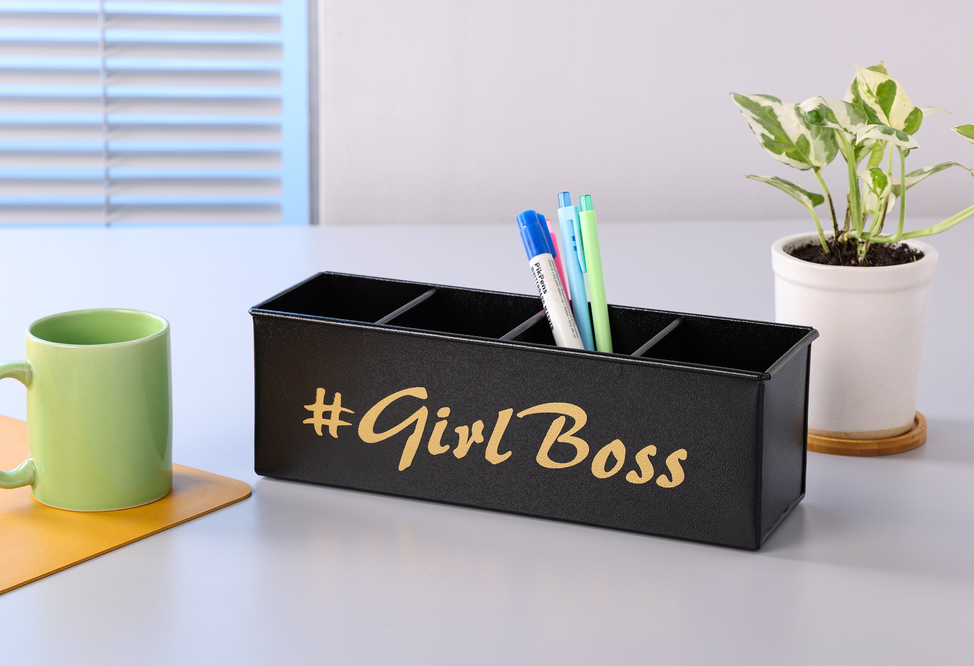 Dudki Stainless Steel Powder Coated Desk Organizer (Girl Boss) with 4 Compartment for Office Desk & Study Table Stationery Holder (Text Black)