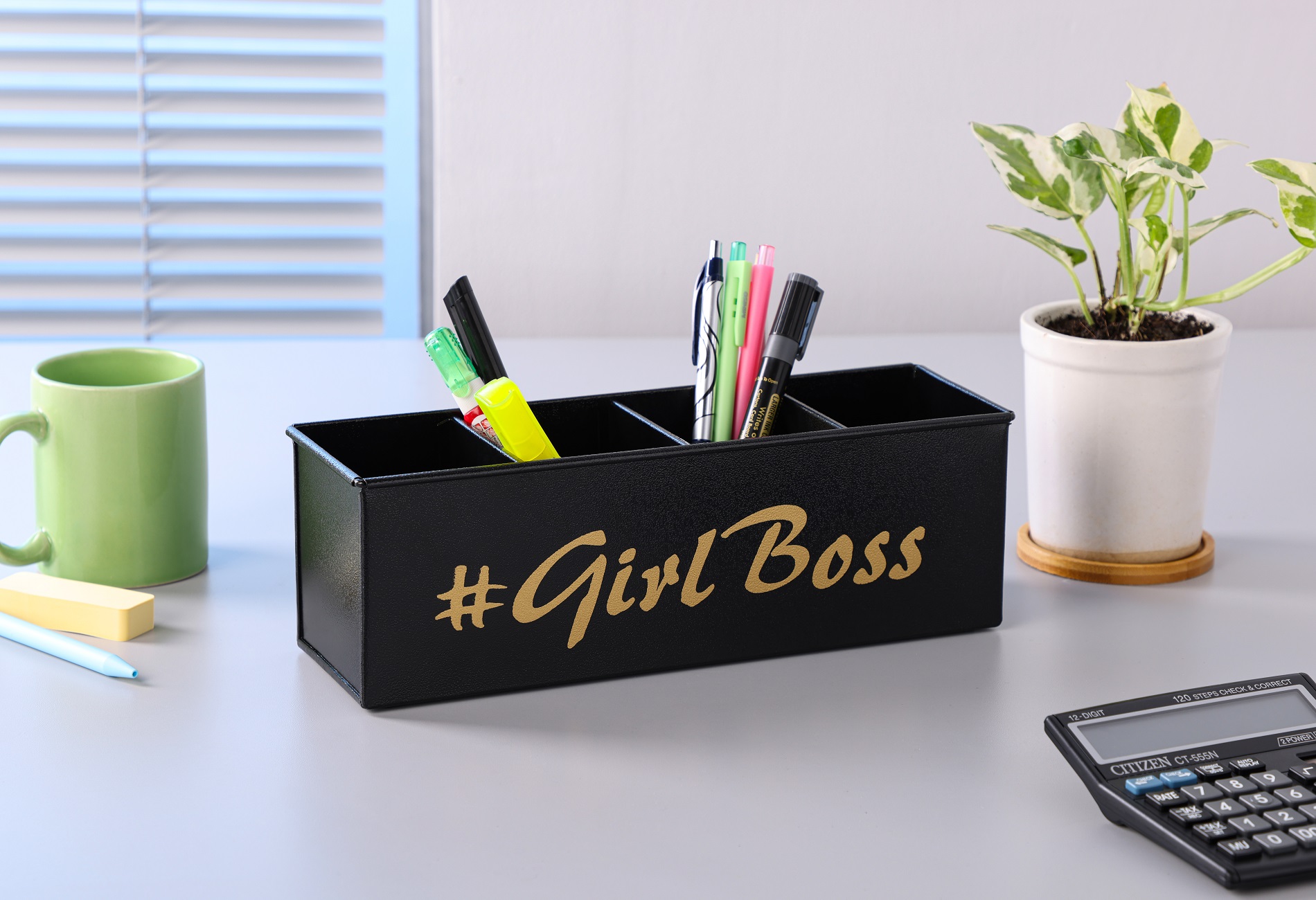 Dudki Stainless Steel Powder Coated Desk Organizer (Girl Boss) with 4 Compartment for Office Desk & Study Table Stationery Holder (Text Black)