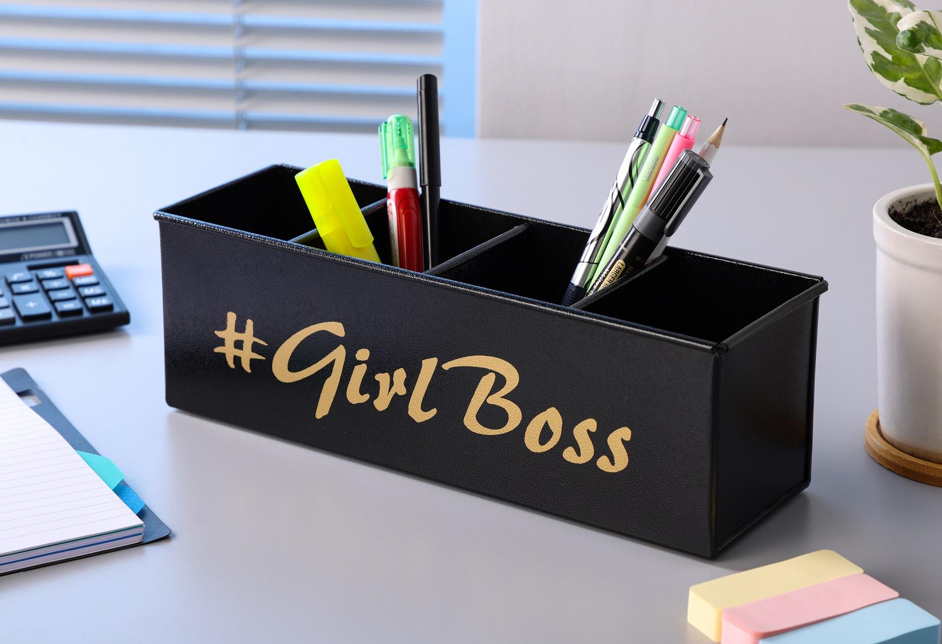 Dudki Stainless Steel Powder Coated Desk Organizer (Girl Boss) with 4 Compartment for Office Desk & Study Table Stationery Holder (Text Black)