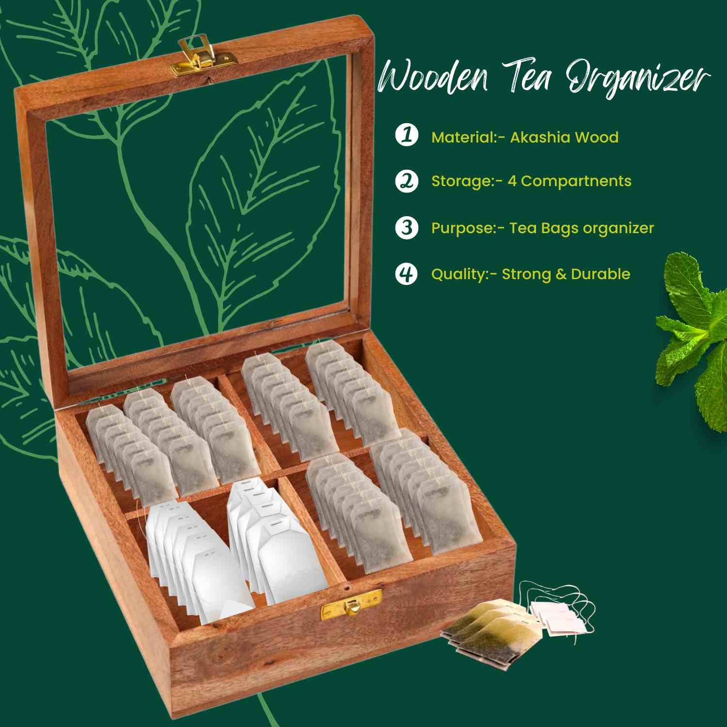 Dudki Akashia Wood , Coffee, Tea Bag, Sachets Wooden Tea, Organizer, 4 Compartments with Wooden Spoon