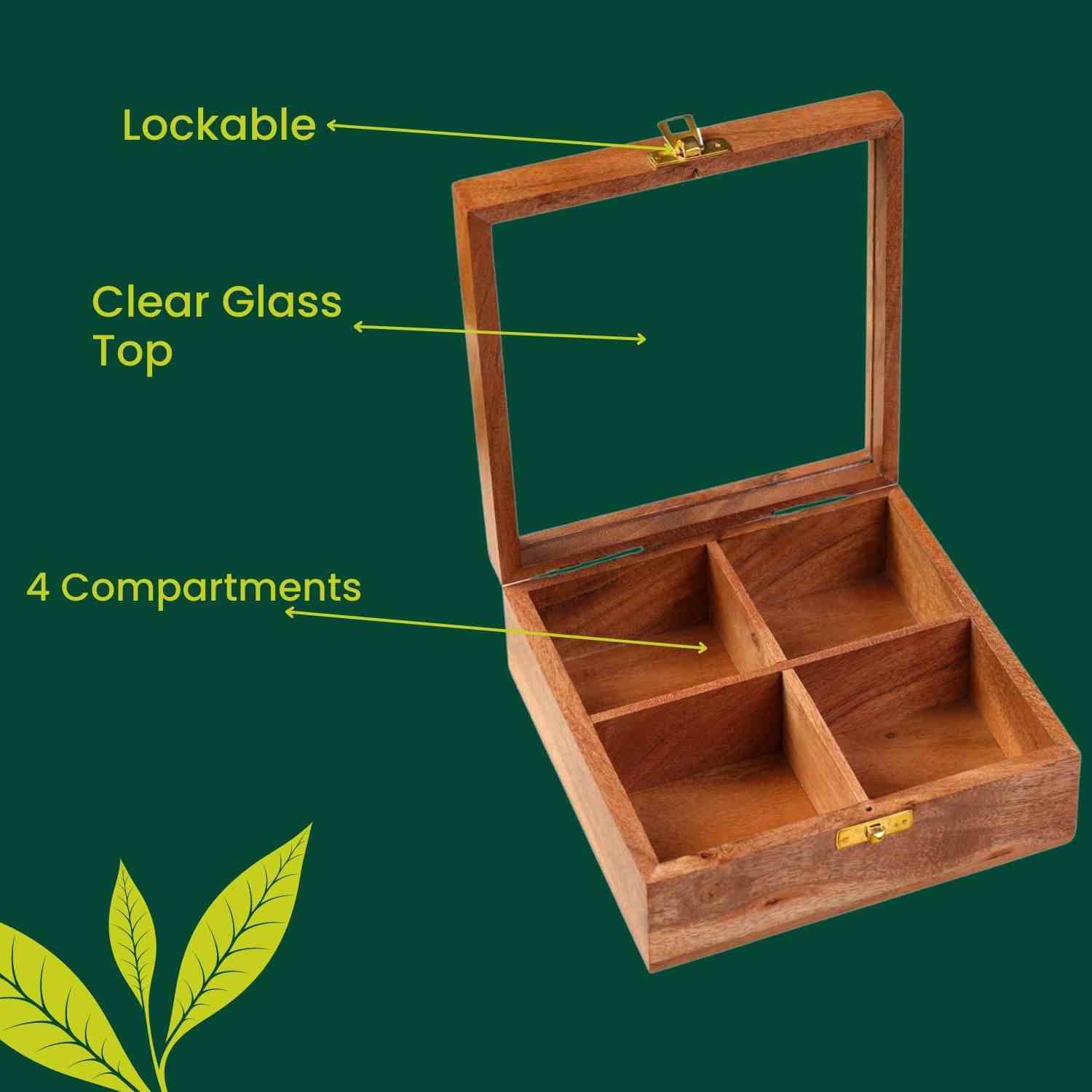 Dudki Akashia Wood , Coffee, Tea Bag, Sachets Wooden Tea, Organizer, 4 Compartments with Wooden Spoon