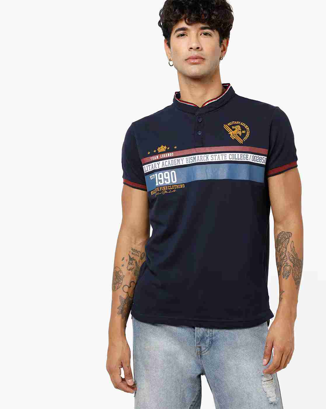 DUKE | Slim Fit Typographic Print T-shirt with Embroidery|0