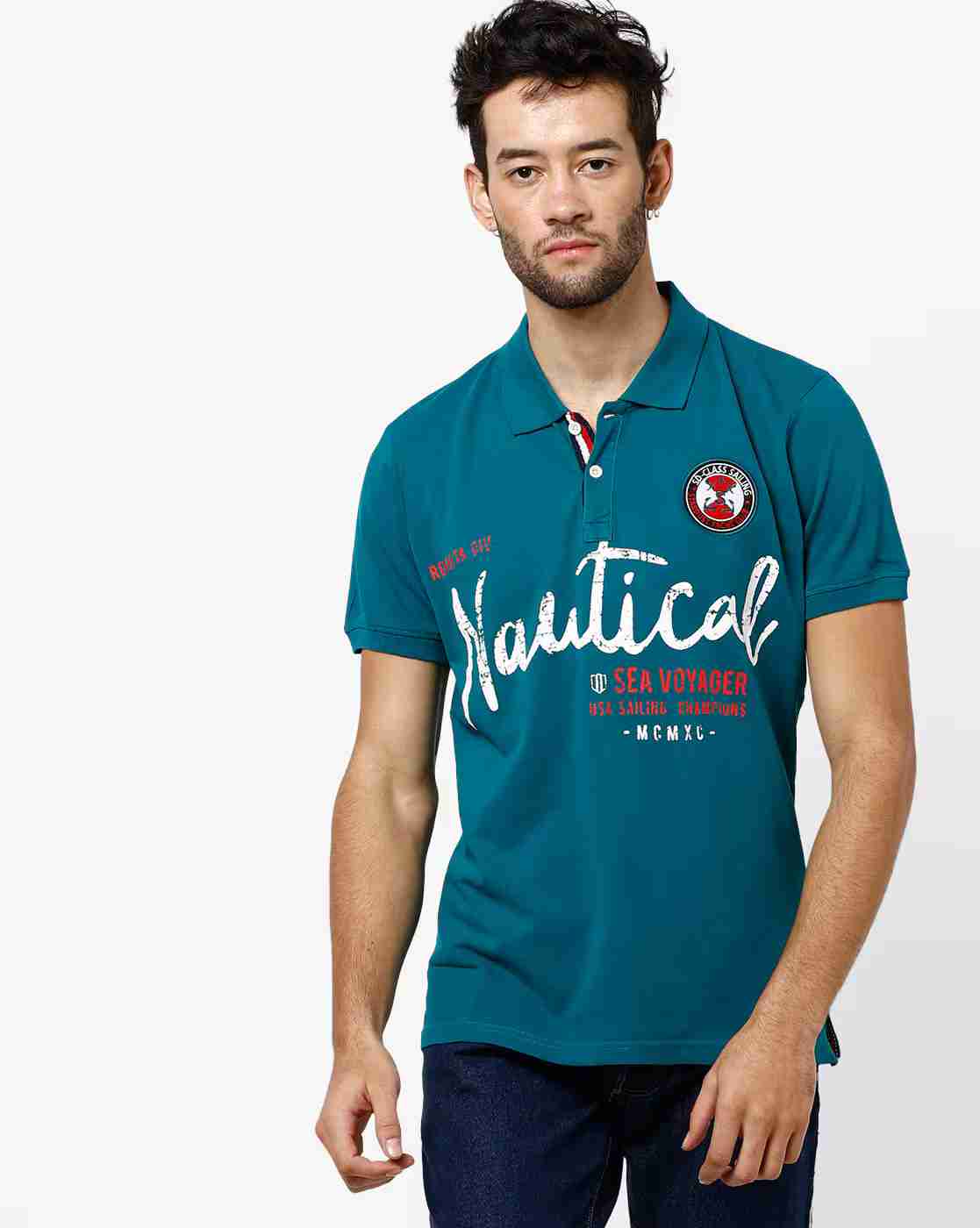 Typographic Print Slim Fit Polo T-shirt