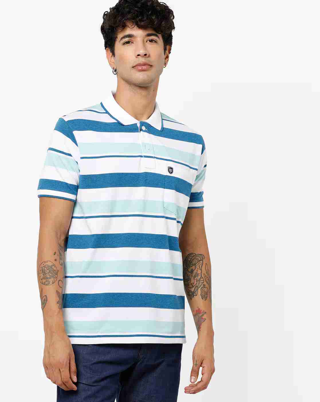 Striped Polo T-shirt with Patch Pocket