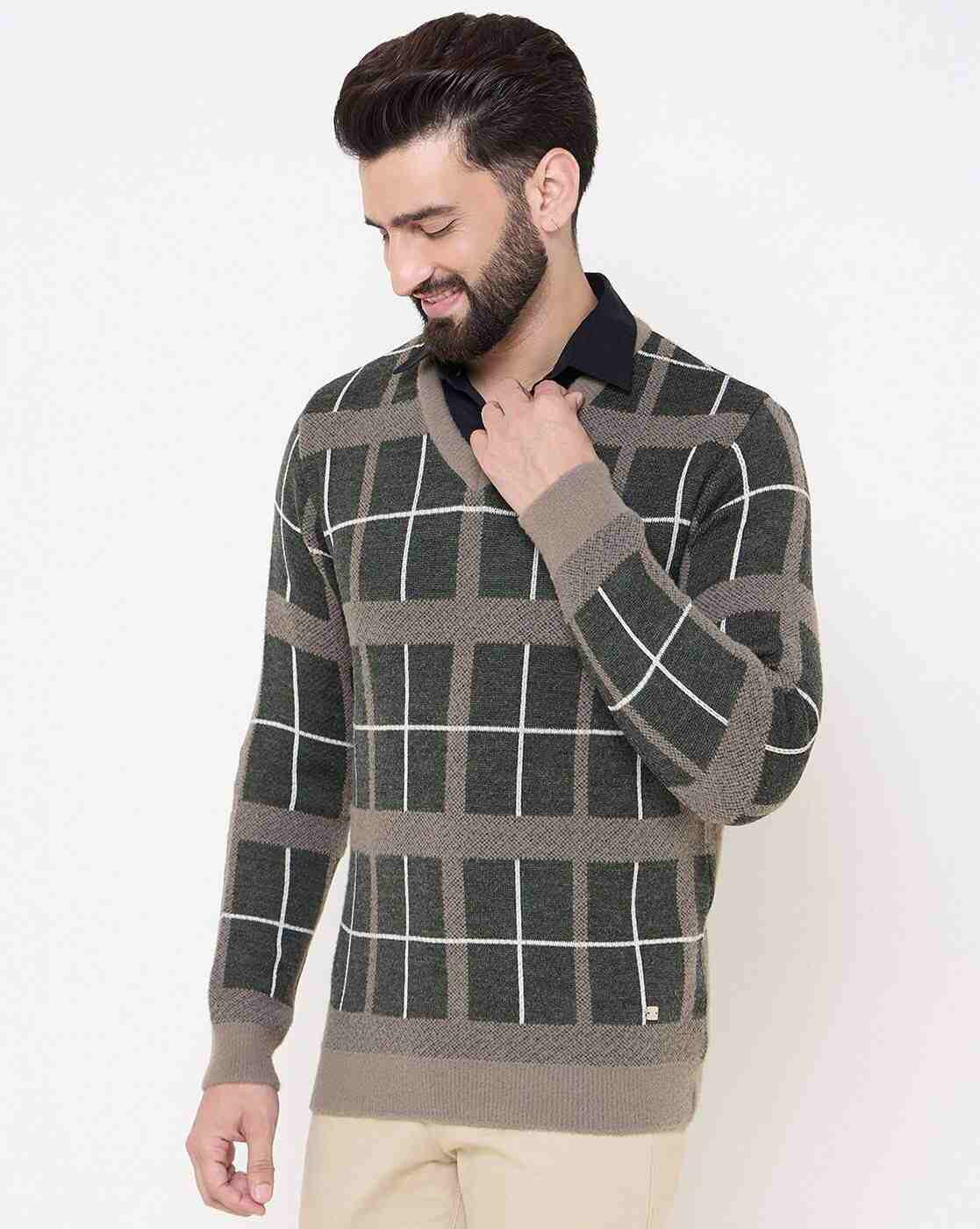 DUKE | Men Checked Regular Fit V-Neck Pullover|1
