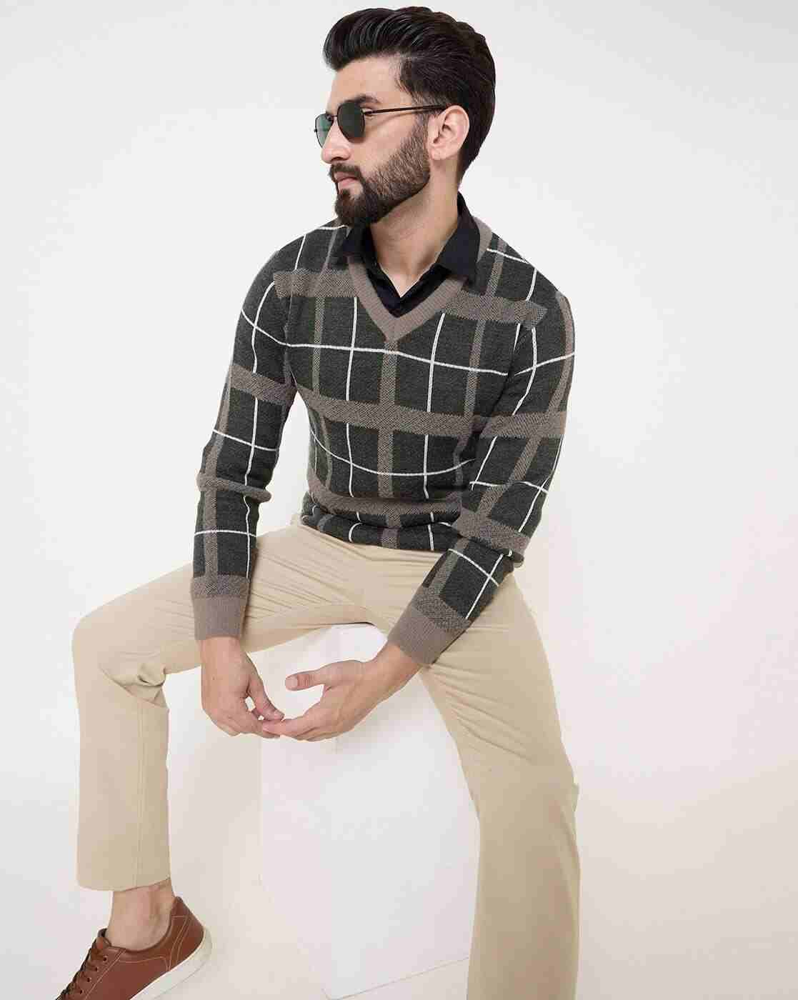 DUKE | Men Checked Regular Fit V-Neck Pullover|4