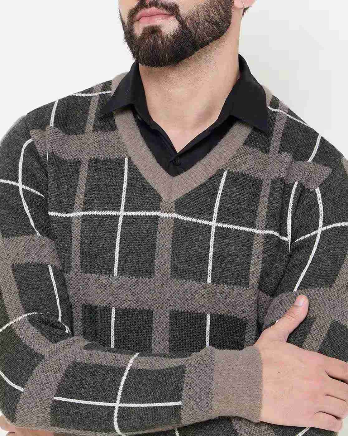 DUKE | Men Checked Regular Fit V-Neck Pullover|6