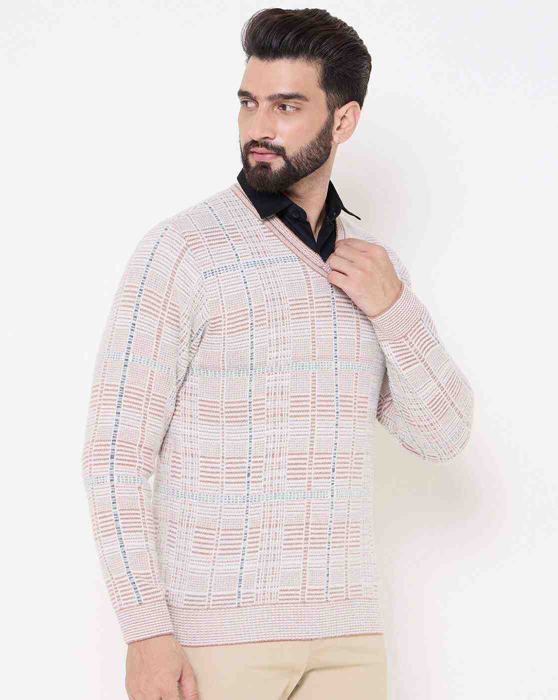 DUKE | Men Checked Regular Fit V-Neck Sweater|2