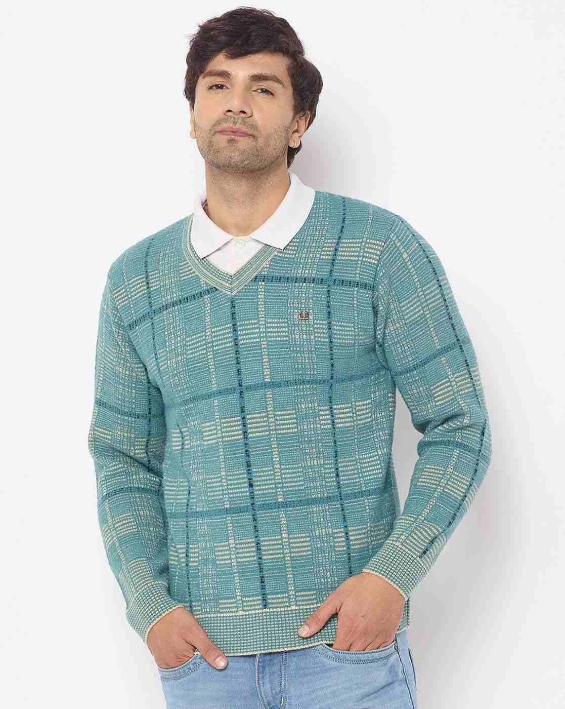 Men Checked Regular Fit V-Neck Sweater