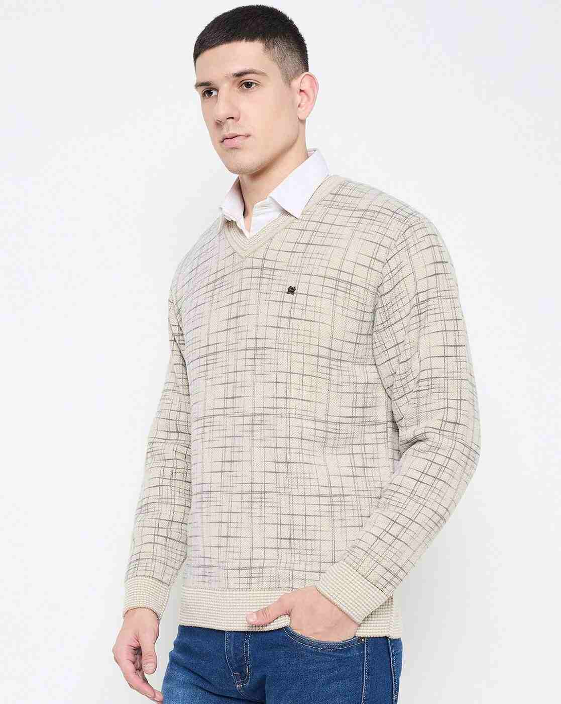 DUKE | Men Checked Regular Fit V-Neck Sweater|1