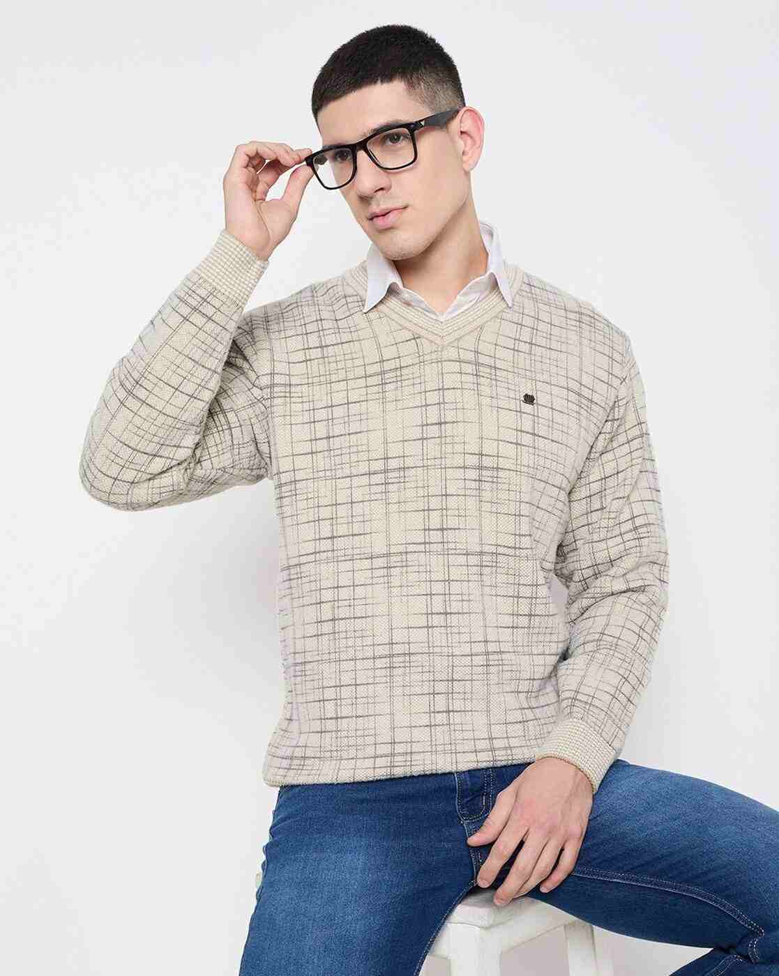 DUKE | Men Checked Regular Fit V-Neck Sweater|4
