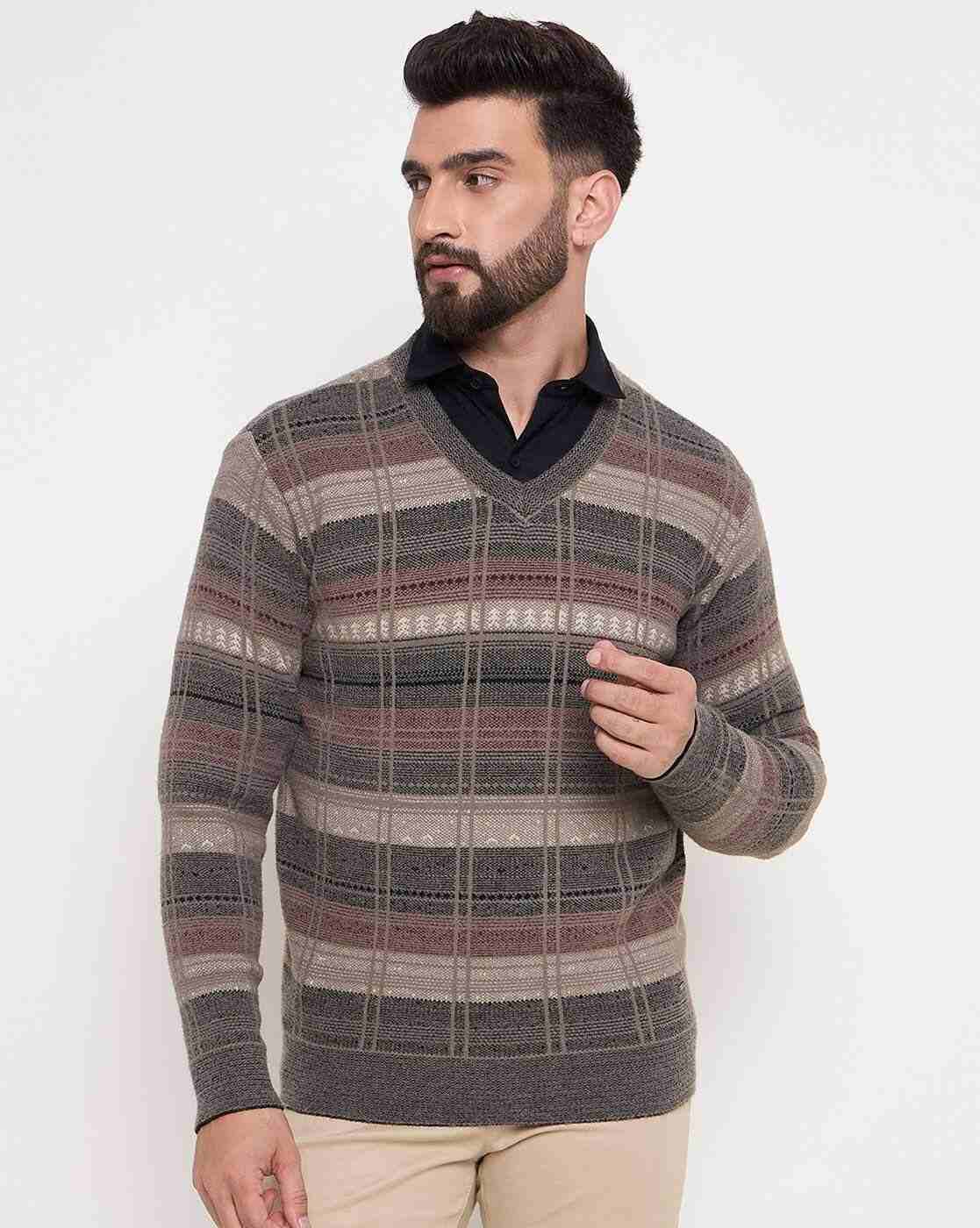 Men Striped Regular Fit V-Neck Sweater