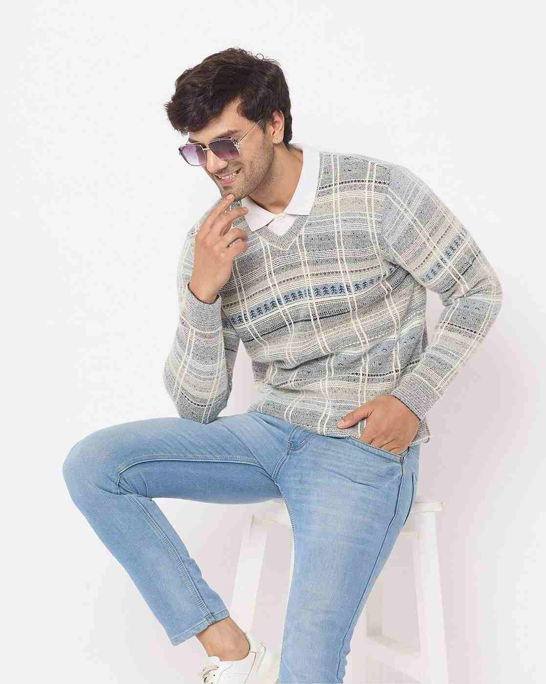 DUKE | Men Striped Regular Fit V-Neck Sweater|4
