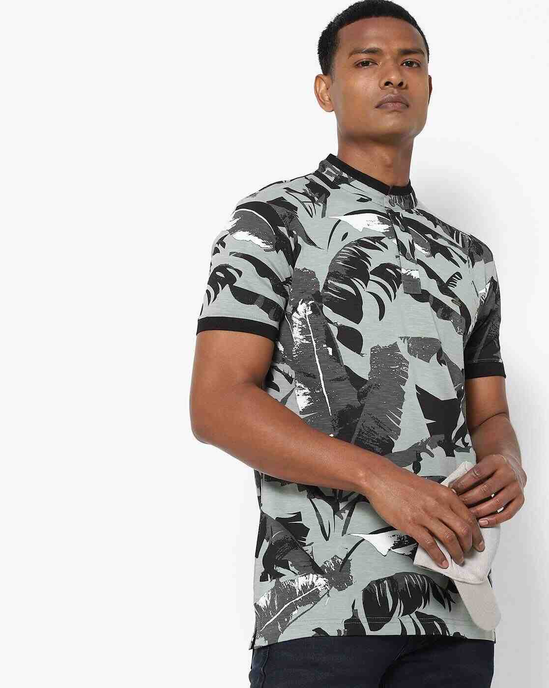 Leaf Print Slim Fit Henley T-shirt