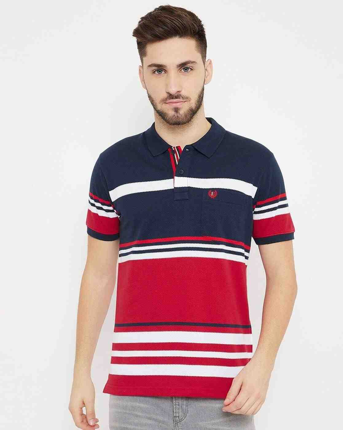 Colourblock Striped Polo T-shirt with Patch Pocket