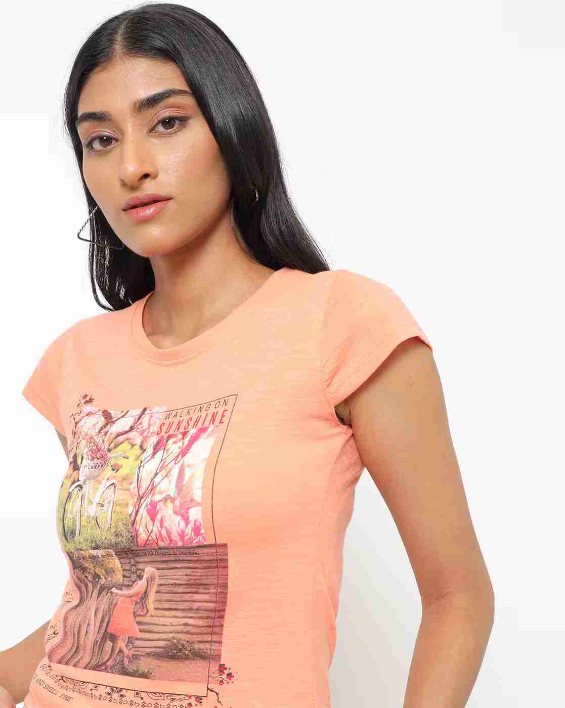 Graphic Print Round-Neck T-shirt with Cap Sleeves