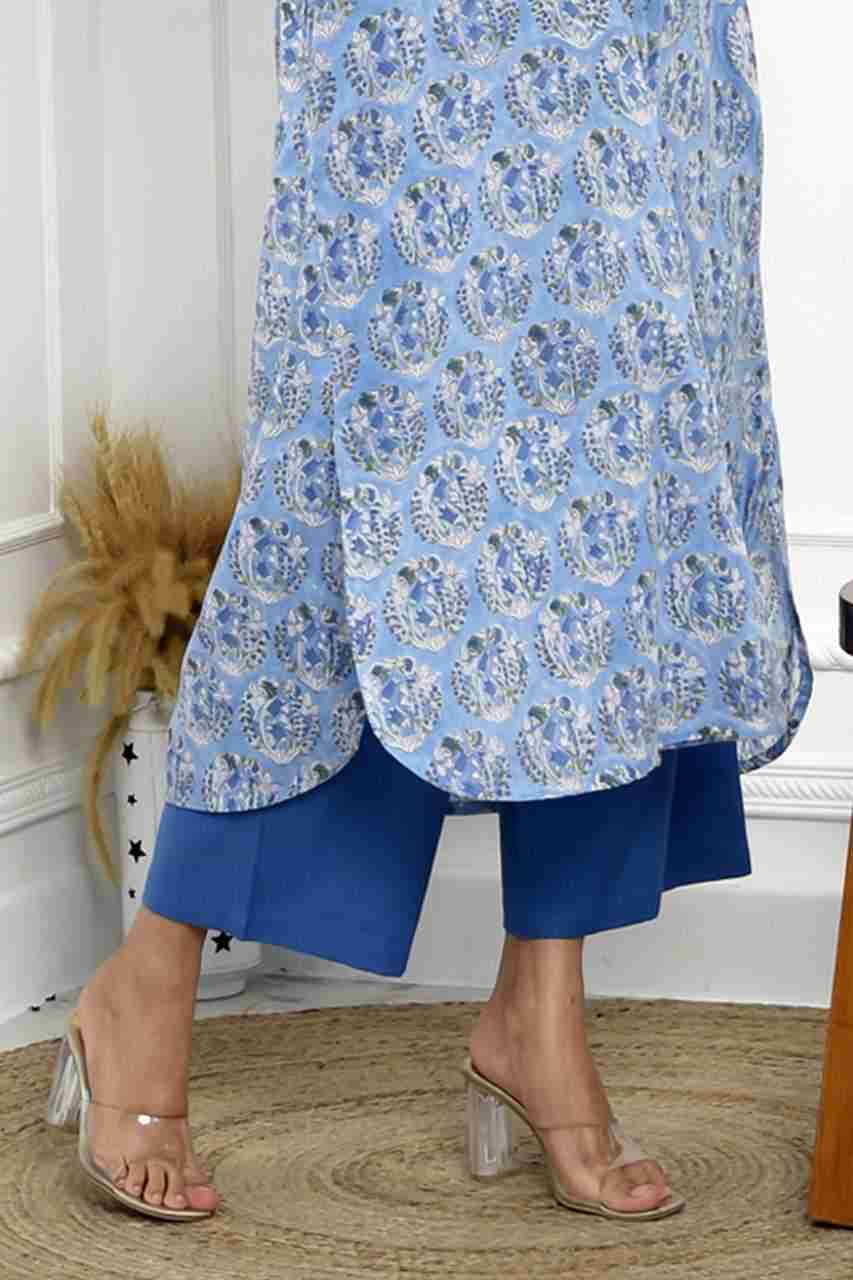 Naksh Indigo Blue Block Printed Long Shirt Kurta With Pockets
