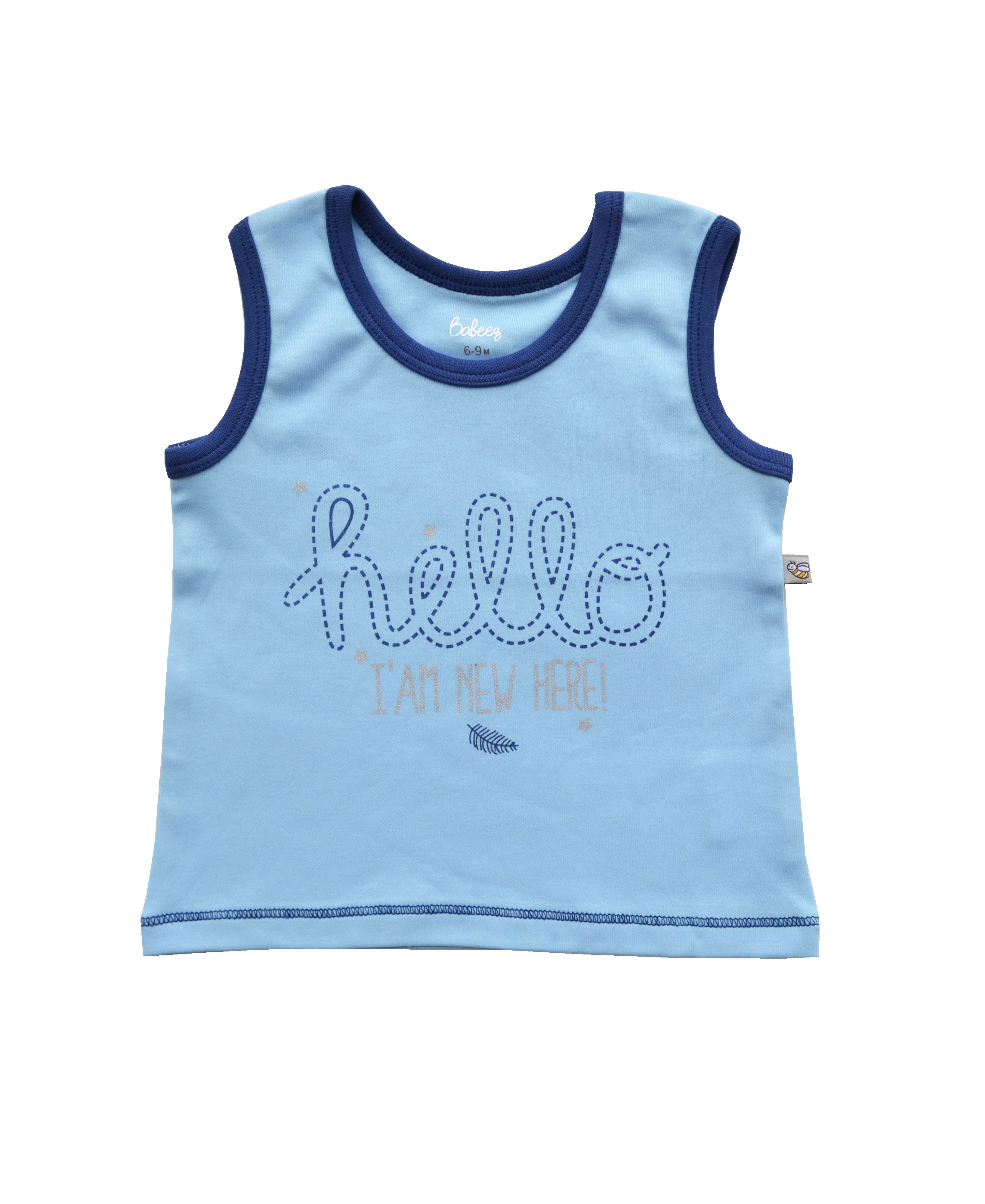 Babeez | Blue Vest with Hello Chest Print (100% Cotton Interlock Biowash) undefined