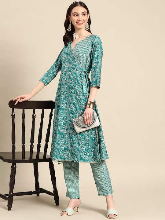 Women Turquoise Blue Paisley Printed Angrakha  Kurta with Trousers