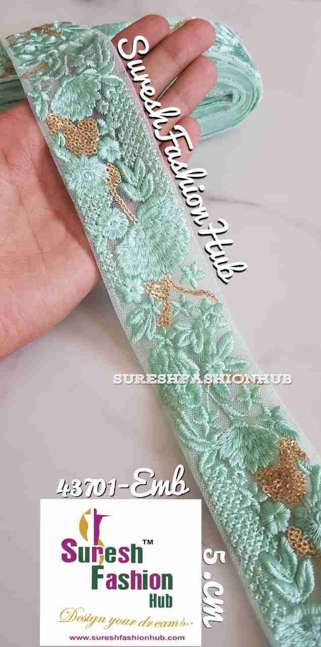 Golden Zari Threaded Petals On Sea Green   Net Embroidery Trim