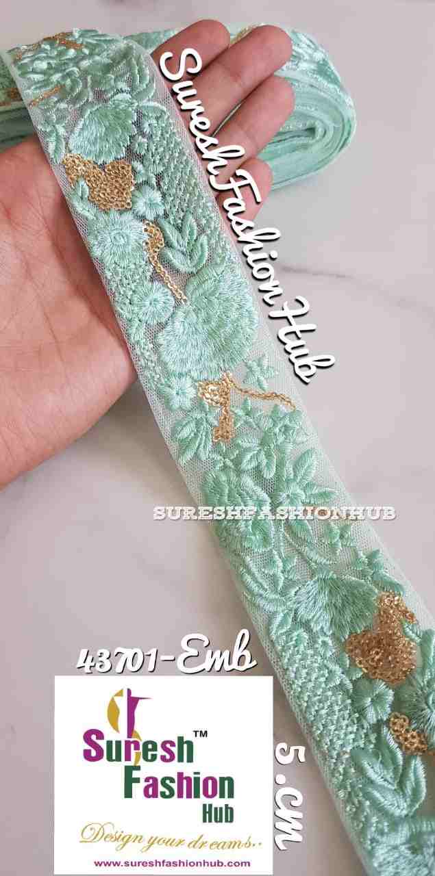 Golden Zari Threaded Petals On Sea Green   Net Embroidery Trim