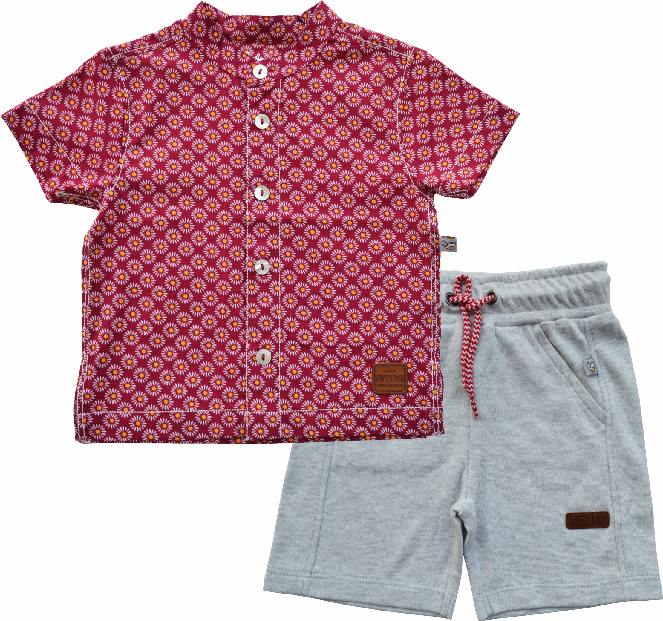 Allover Circles Print Red Short Sleeves Kurta Shirt + Grey Short set (100% Cotton)